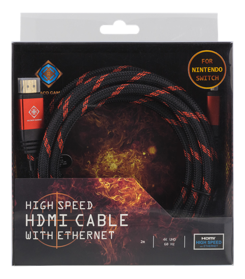 Deltaco Gaming HDMI-kabel, 2m, 4K i 60Hz, 18 Gbps, tygbeklädd kabel, svart/röd - 3