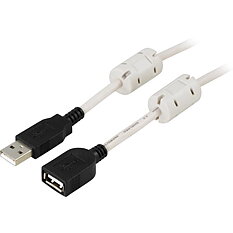 Deltaco USB-kabel, 1m, förlängningskabel med ferritkärnor, vit/svart