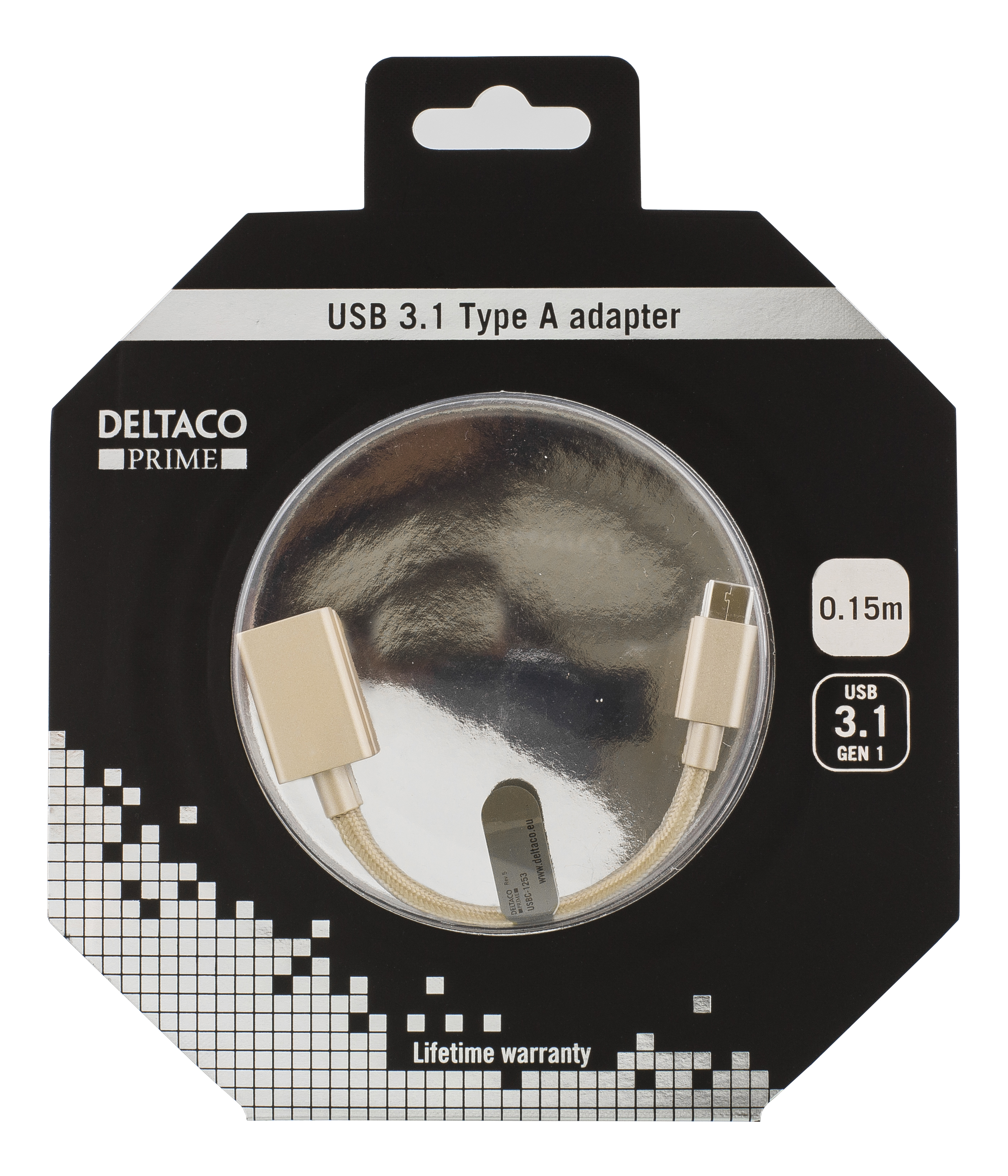 Deltaco Prime USB 3.1 Gen1 adapter, tygklädd, USB Typ C ha - USB Typ A ho, 0,15m, guld - 2