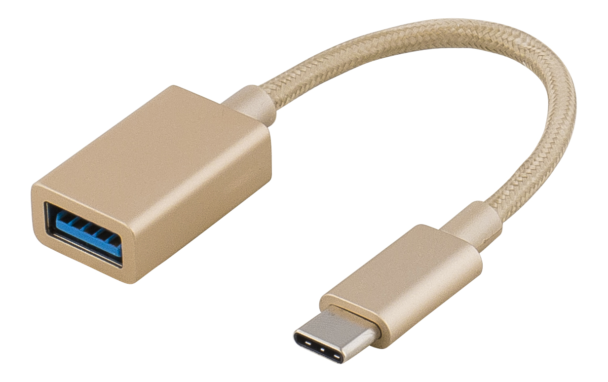 Deltaco Prime USB 3.1 Gen1 adapter, tygklädd, USB Typ C ha - USB Typ A ho, 0,15m, guld