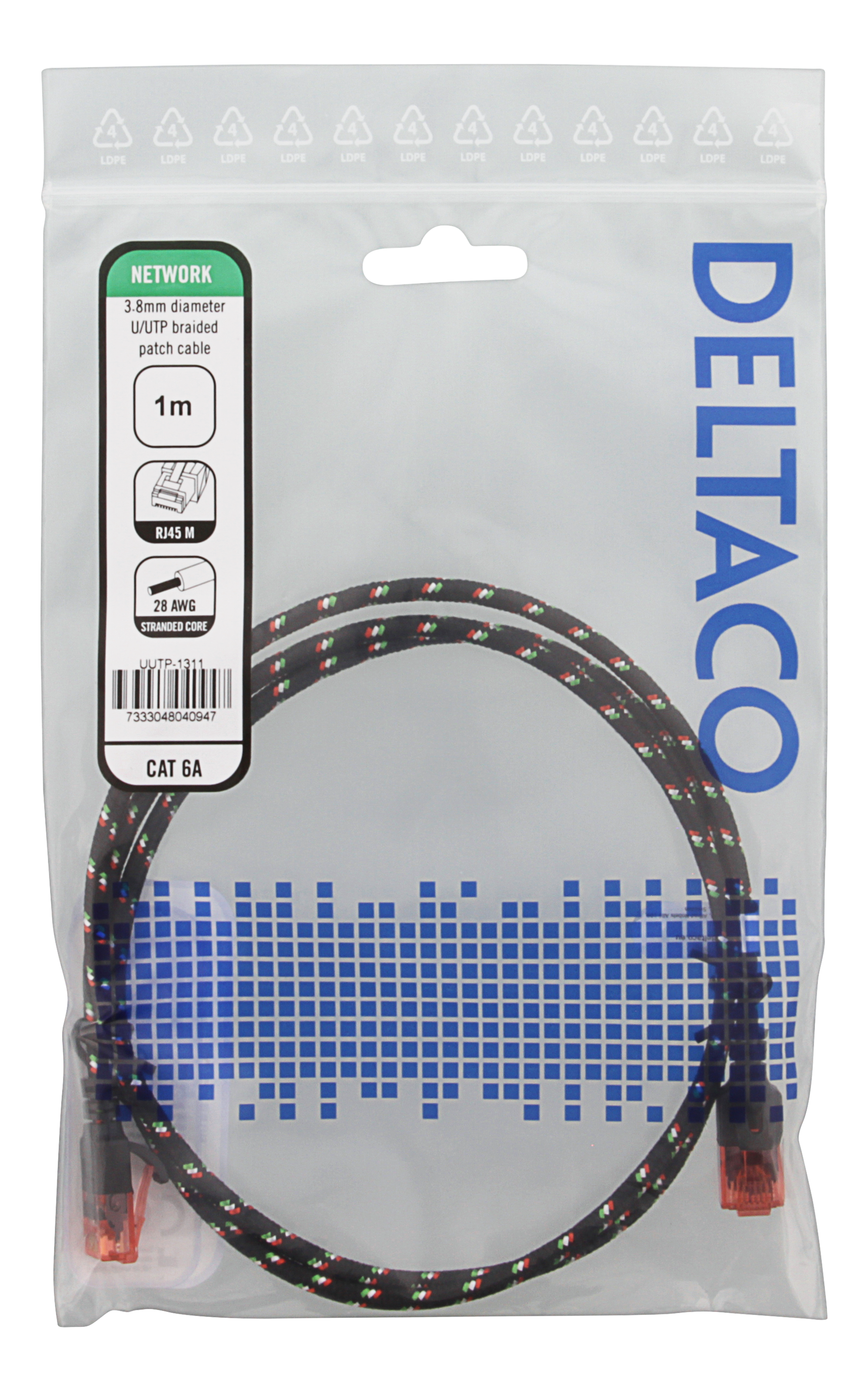 Deltaco U/UTP Tough Slim Cat6a patchkabel, 1m, svart - 2