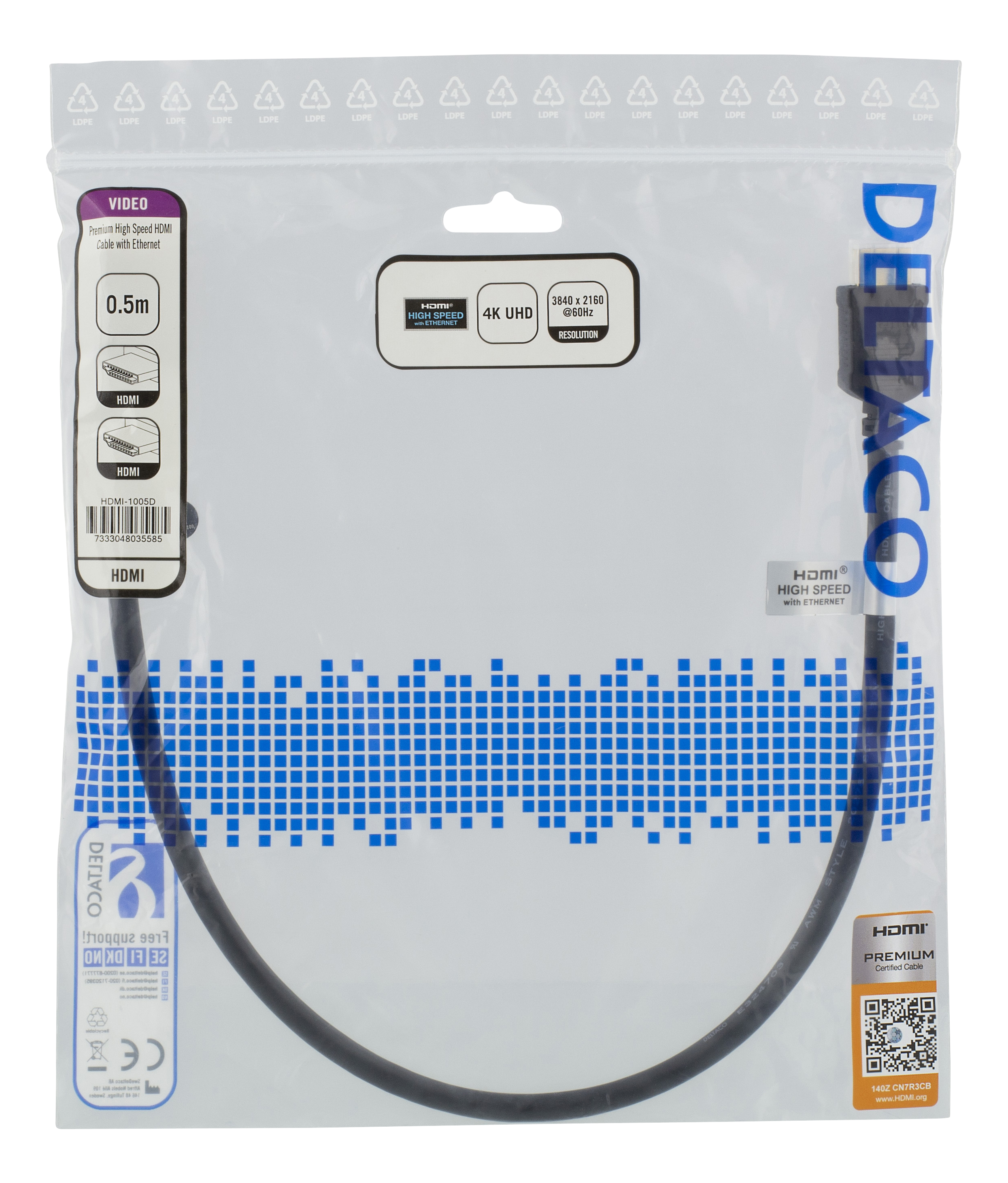 Deltaco Premium HDMI-kabel, 0,5m, 4K, 3D, svart - 2