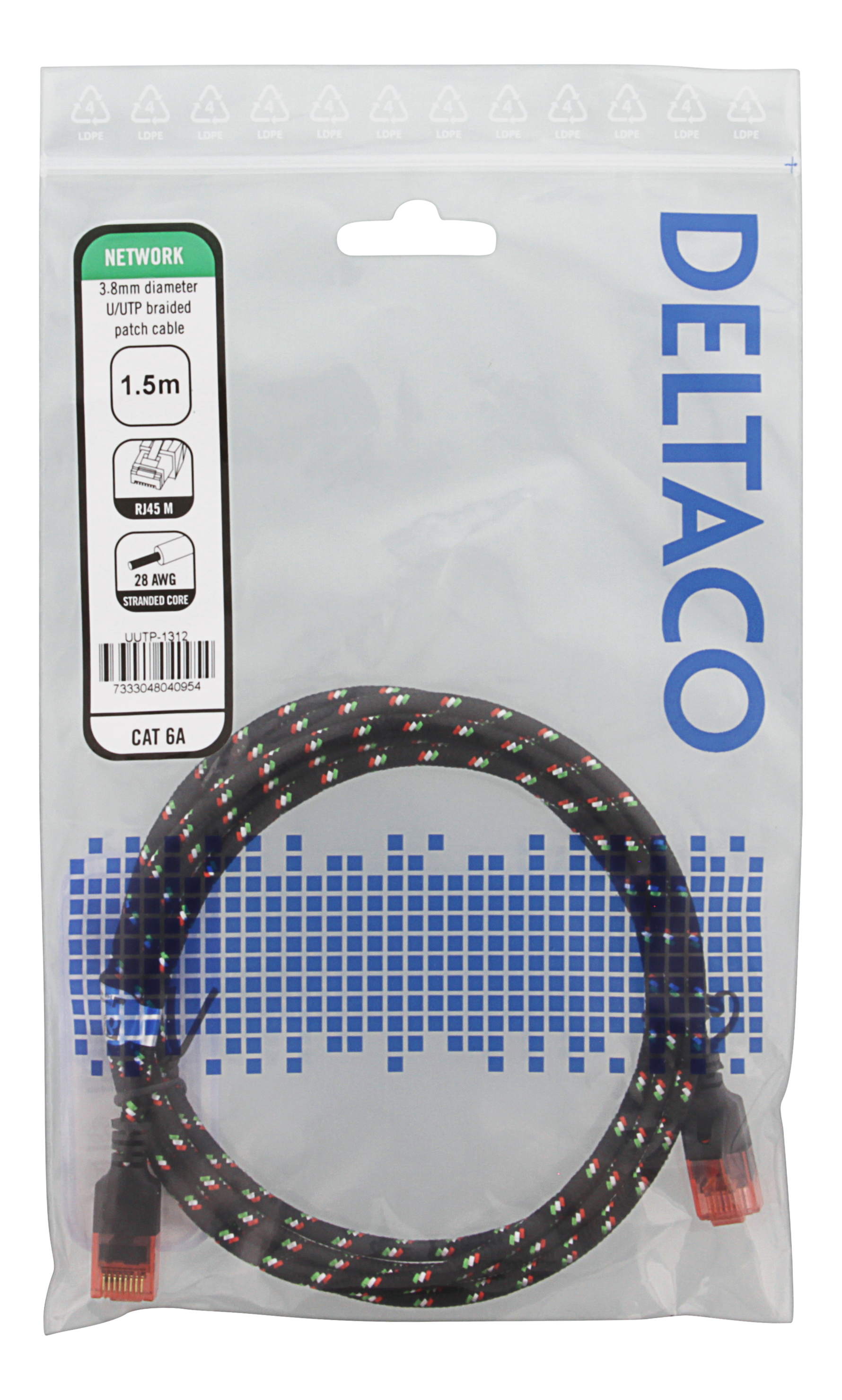 Deltaco U/UTP Tough Slim Cat6a patchkabel, 1,5m, svart - 2