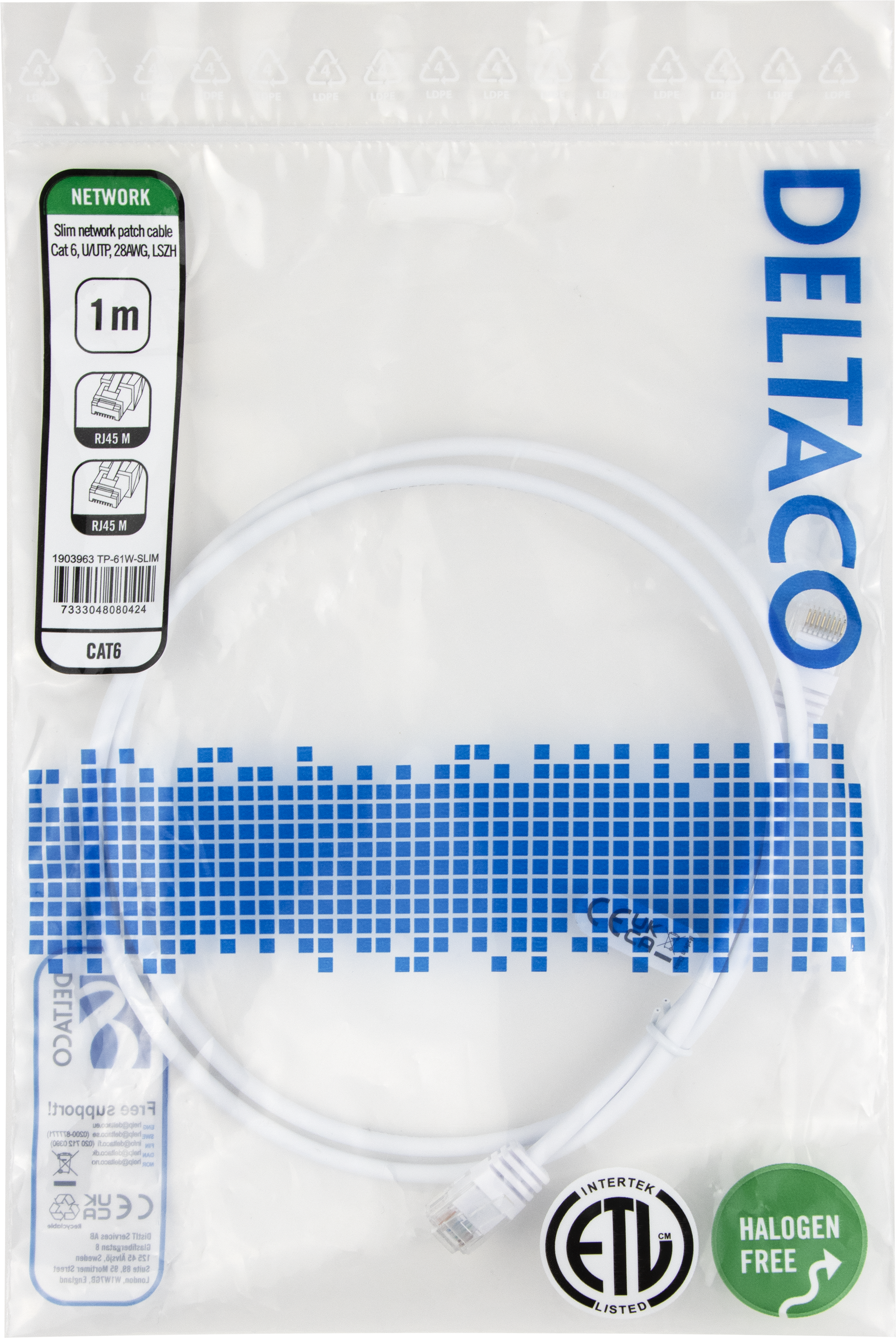 deltaco U/UTP Cat6 slim patchkabel, 1 m, vit, LSZH - 2