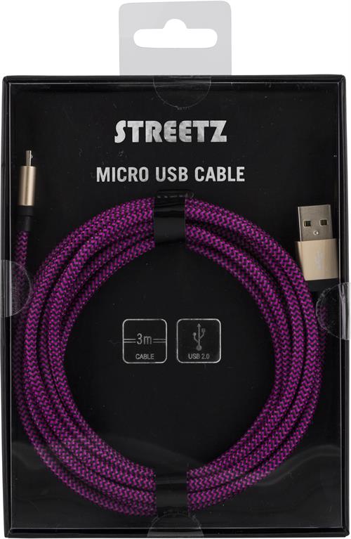 Deltaco Prime USB-kabel, tygklädd, Typ A ha - Micro B ha, 3m, lila - 2