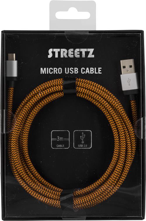 Deltaco Prime USB-kabel, tygklädd, Typ A ha - Micro B ha, 3m, orange - 2