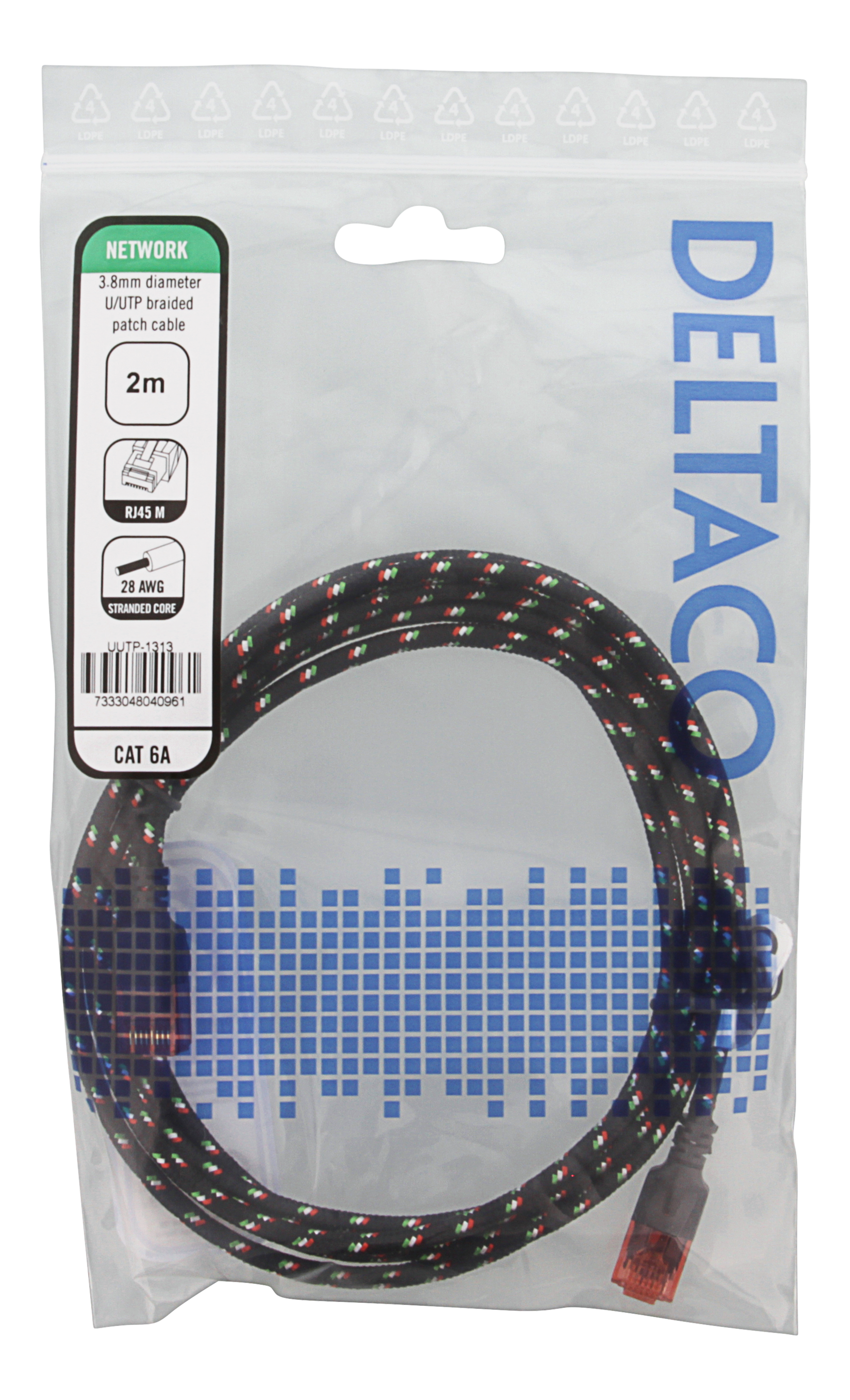 Deltaco U/UTP Tough Slim Cat6a patchkabel, 2m, svart - 2
