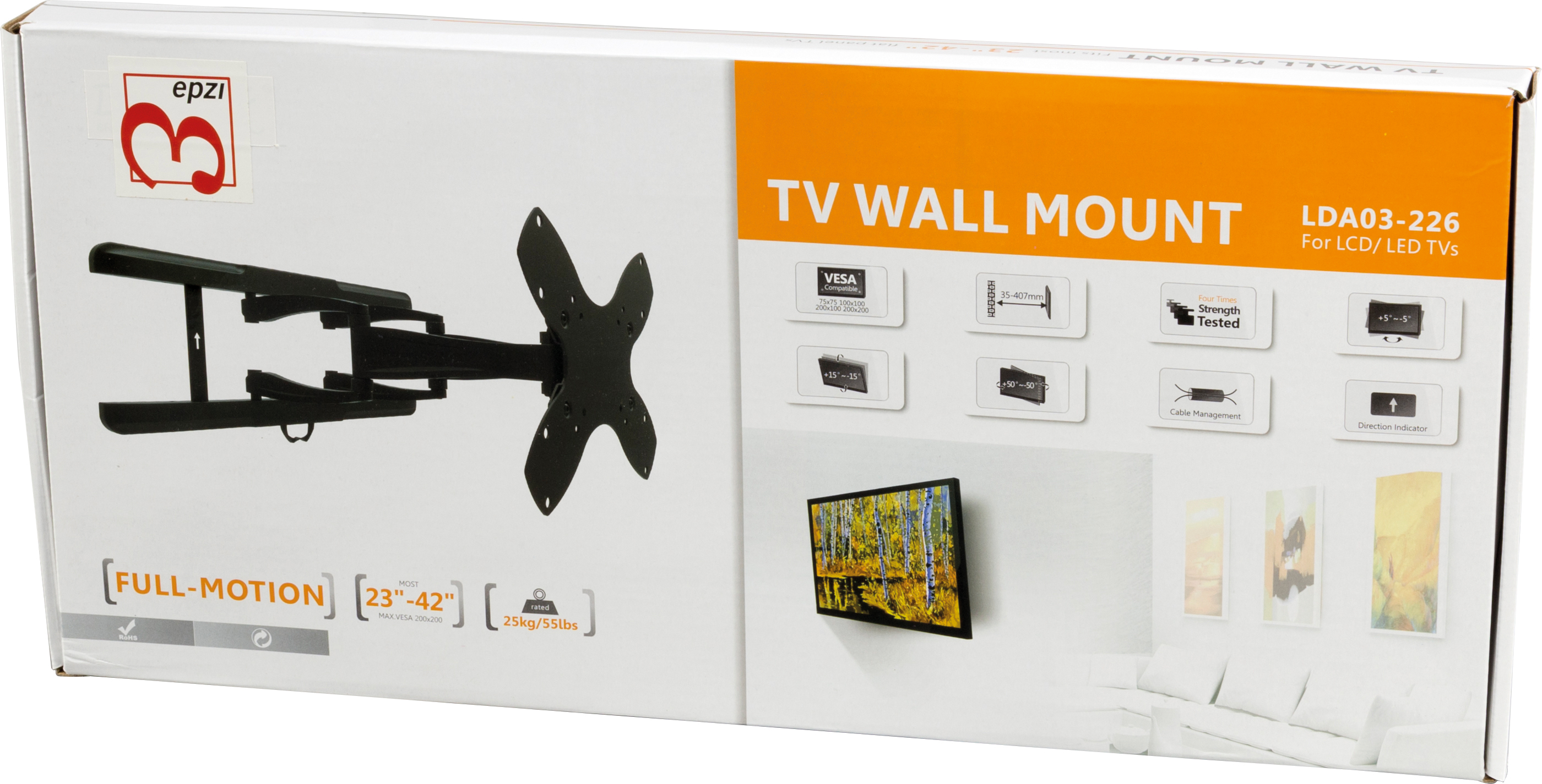 EPZI väggfäste för TV/monitor, max 25kg, tiltbar 30°, roterbar 100°, svart - 2