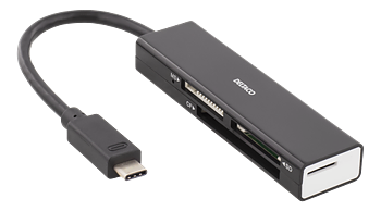 Deltaco USB 3.1 Gen 1 minneskortläsare, 4 fack, USB-C, stödjer SD, Micro-SD, CF, TF och MemoryStick, svart