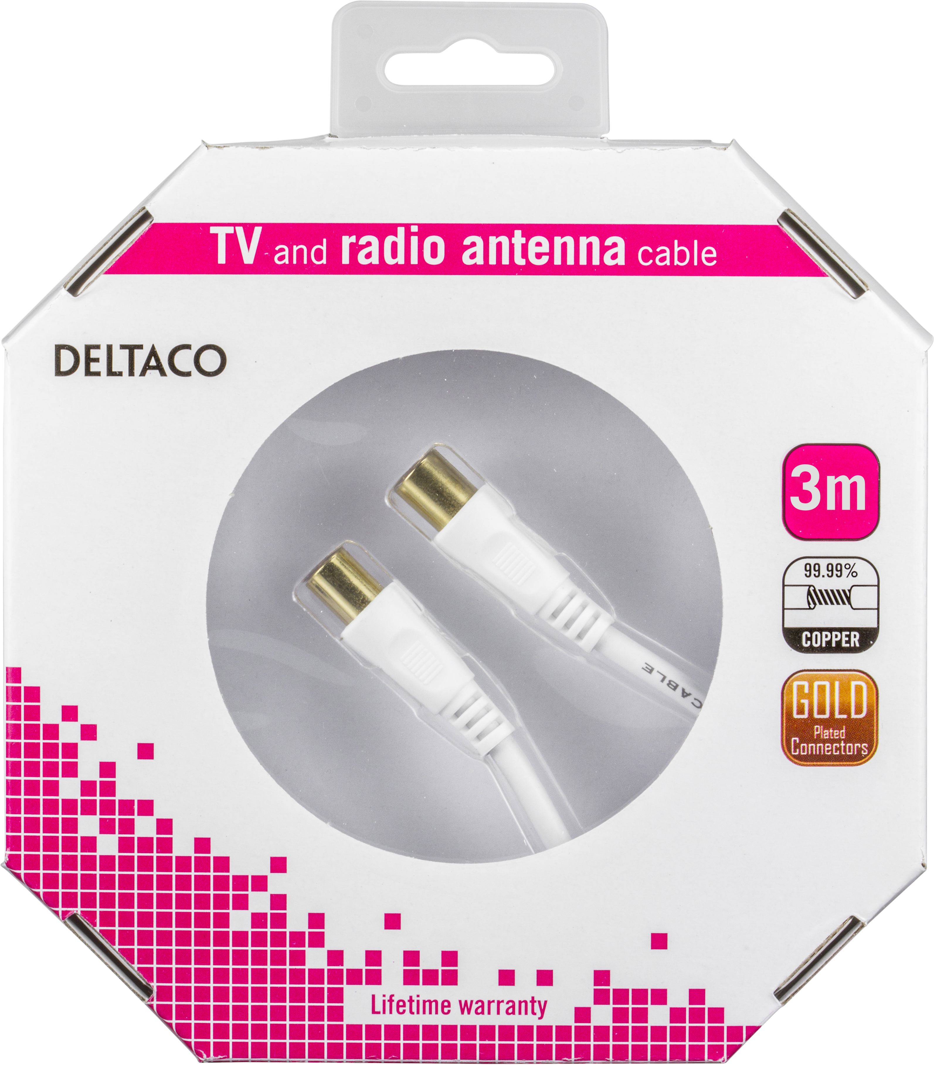 Deltaco Antennkabel med ferritkärnor, guldpläterad, 3m, vit - 3