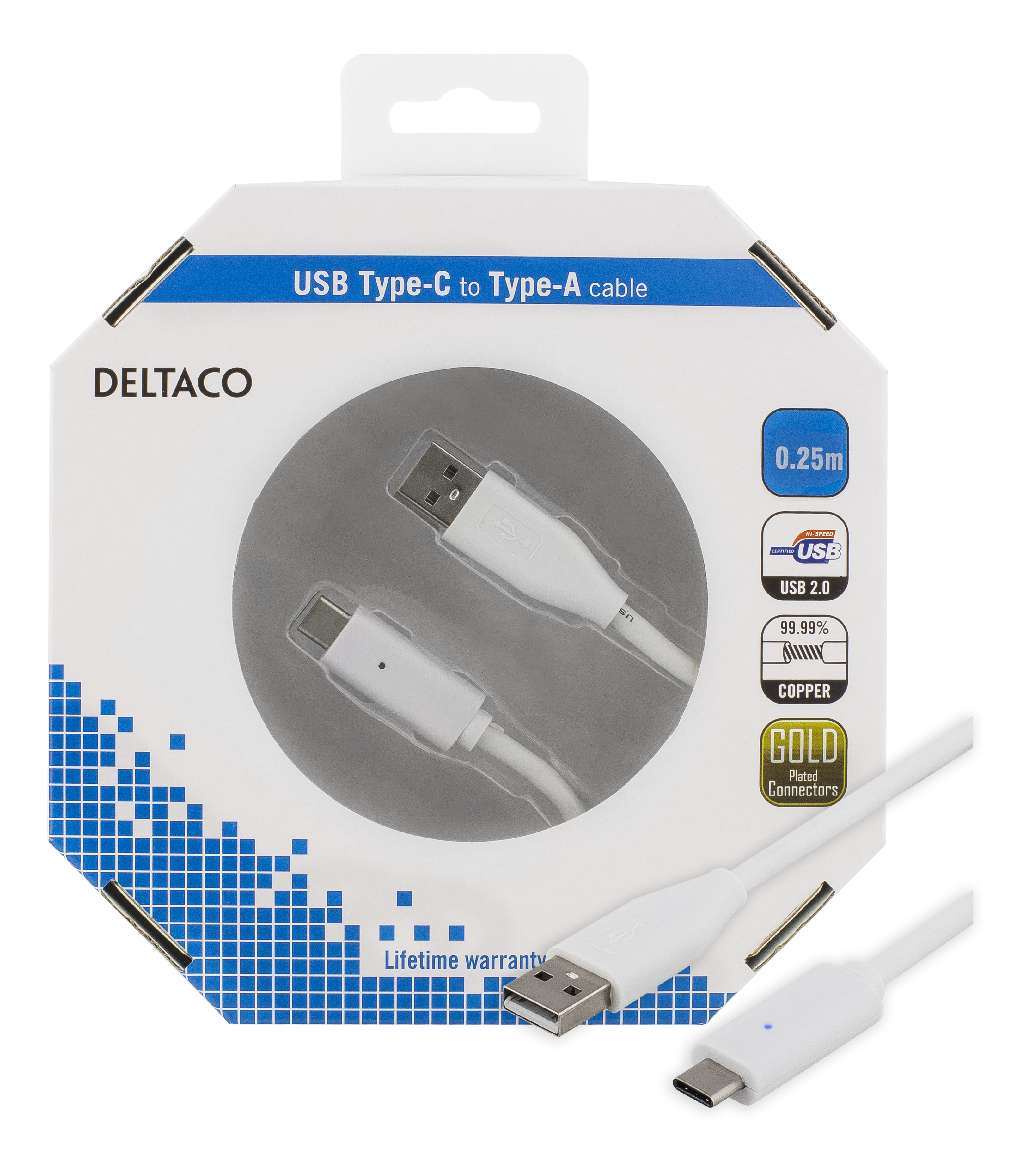 Deltaco USB-kabel, Typ C - Typ A ha, 0,25m, vit