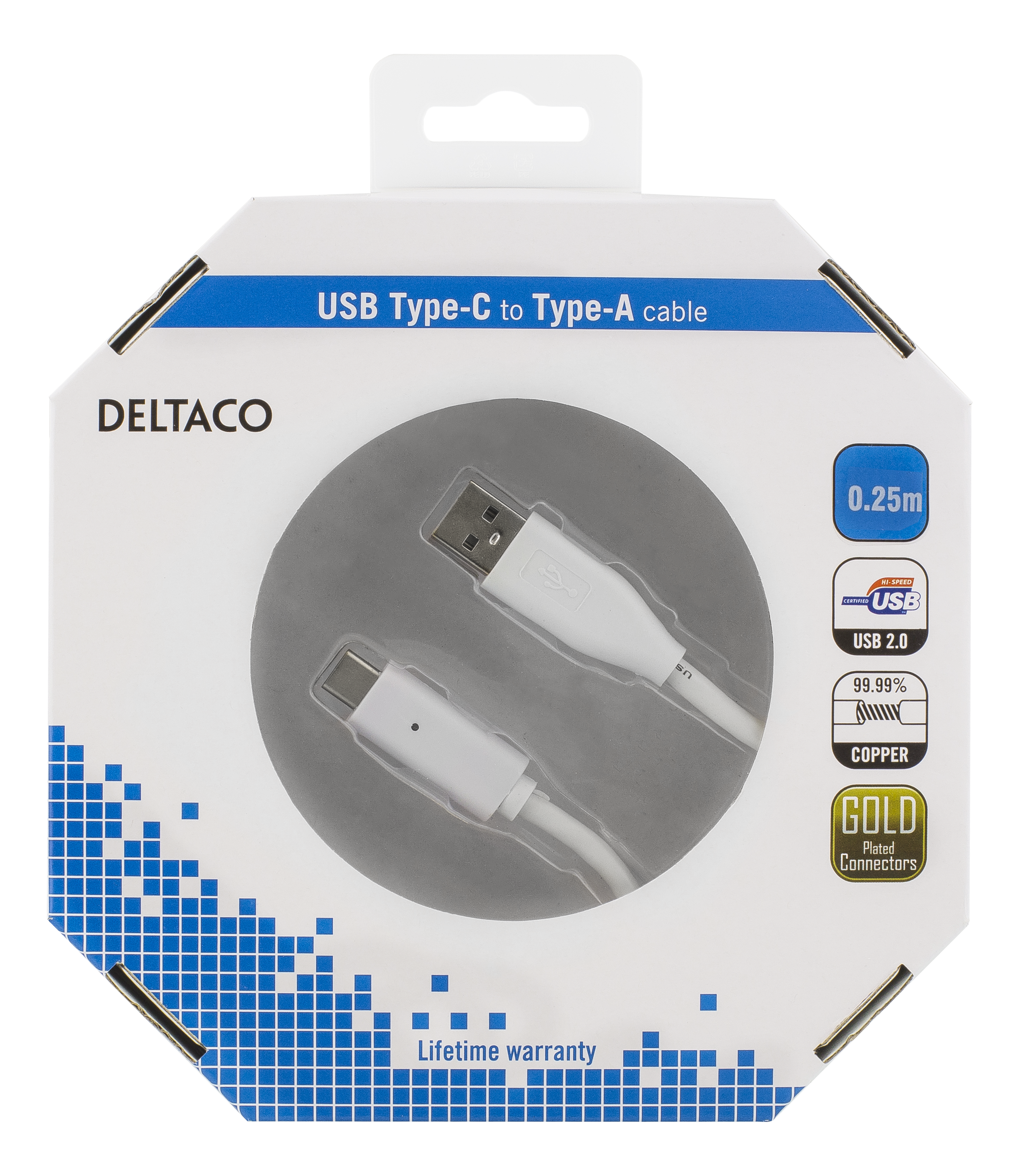 Deltaco USB-kabel, Typ C - Typ A ha, 0,25m, vit - 3