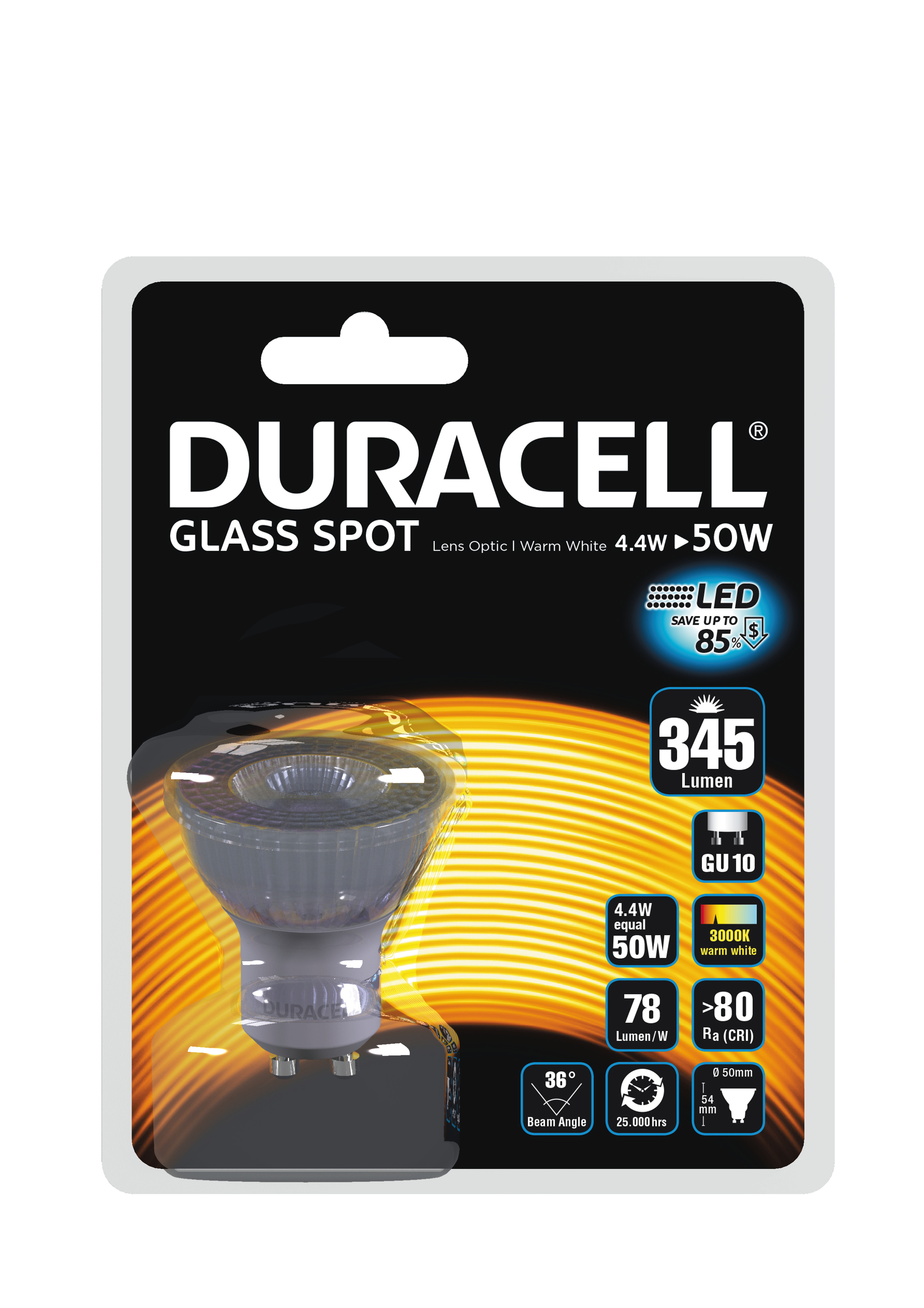 Duracell GU10 Glass Spot, 4.4W/50W - 2