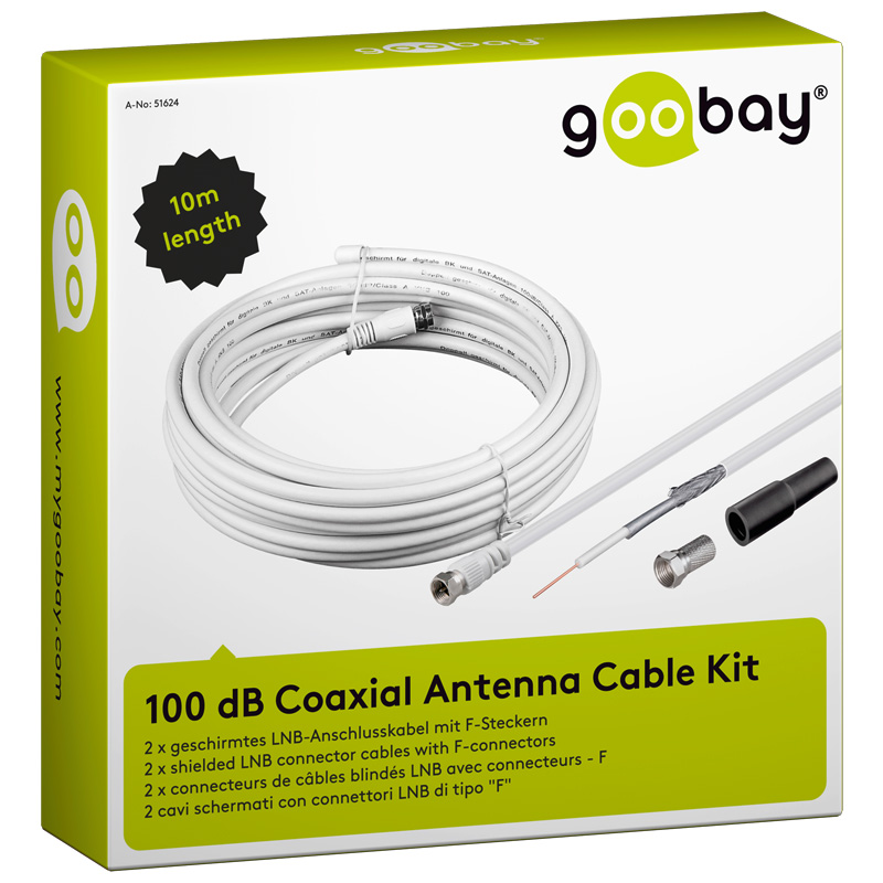 Goobay, kabelkit med 100 dB koaxialkabel, 10m, vit - 3