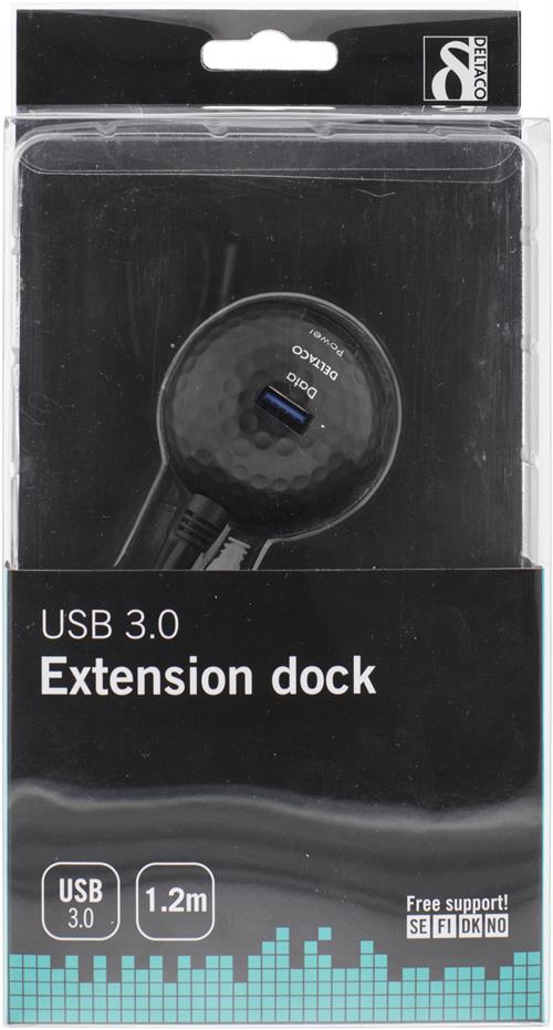 Deltaco USB 3.0 förlängsningskabel med dockning, 2 portar, 1,2m, svart - 3