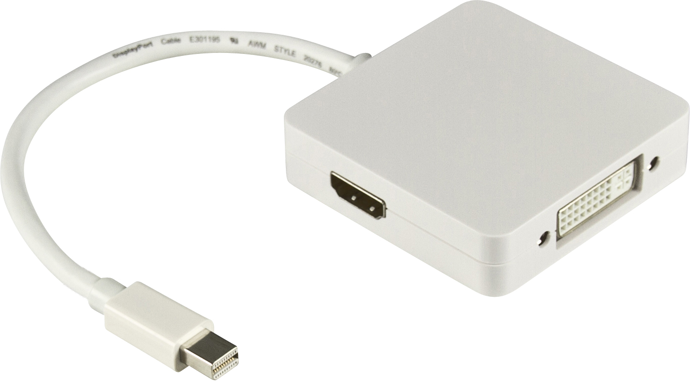 Deltaco Mini DisplayPort till DVI/HDMI/DisplayPort adapter, Ultra HD i 30Hz, Ultra HD i 30Hz, vit, 0,2m