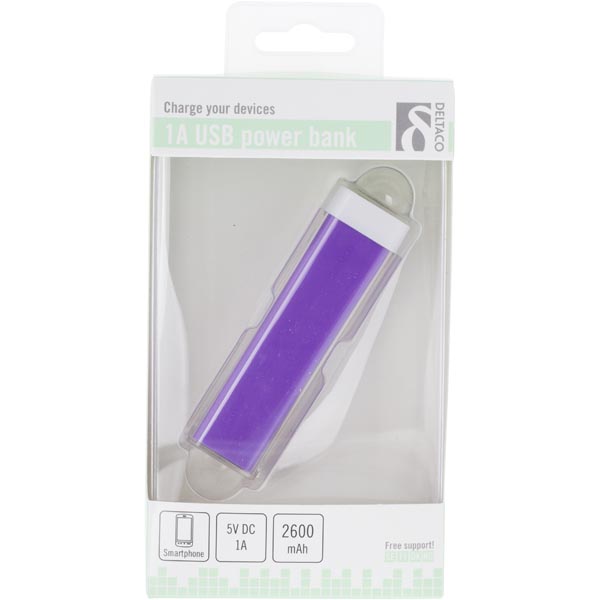 Deltaco Powerbank, portabelt batteri för laddning av mobila enheter, 2600mAh, lila - 3