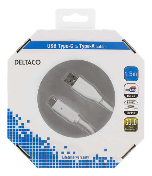 Deltaco USB 2.0 kabel, Typ C - Typ A ha, 1,5m, vit - 3