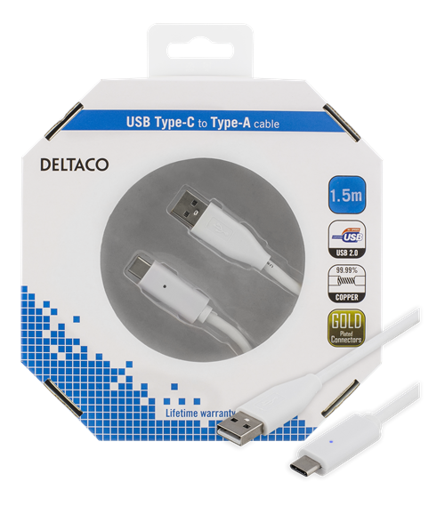 Deltaco USB 2.0 kabel, Typ C - Typ A ha, 1,5m, vit