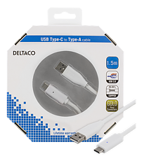 Deltaco USB 2.0 kabel, Typ C - Typ A ha, 1,5m, vit