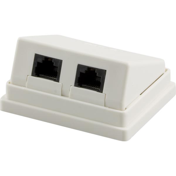 Deltaco vägguttag, utanpåliggande UTP, 2xRJ45, vinklad, Cat5e