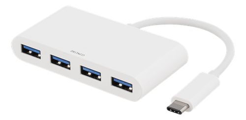 Deltaco USB 3.1 Gen 1-hubb, USB-C hane till 4xUSB Typ A hona, 5Gbps, vit