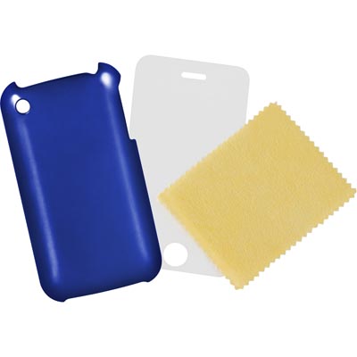 iPhone 3G/3Gs-kit med plastskal, skärmskydd och putsduk, metallic, blå