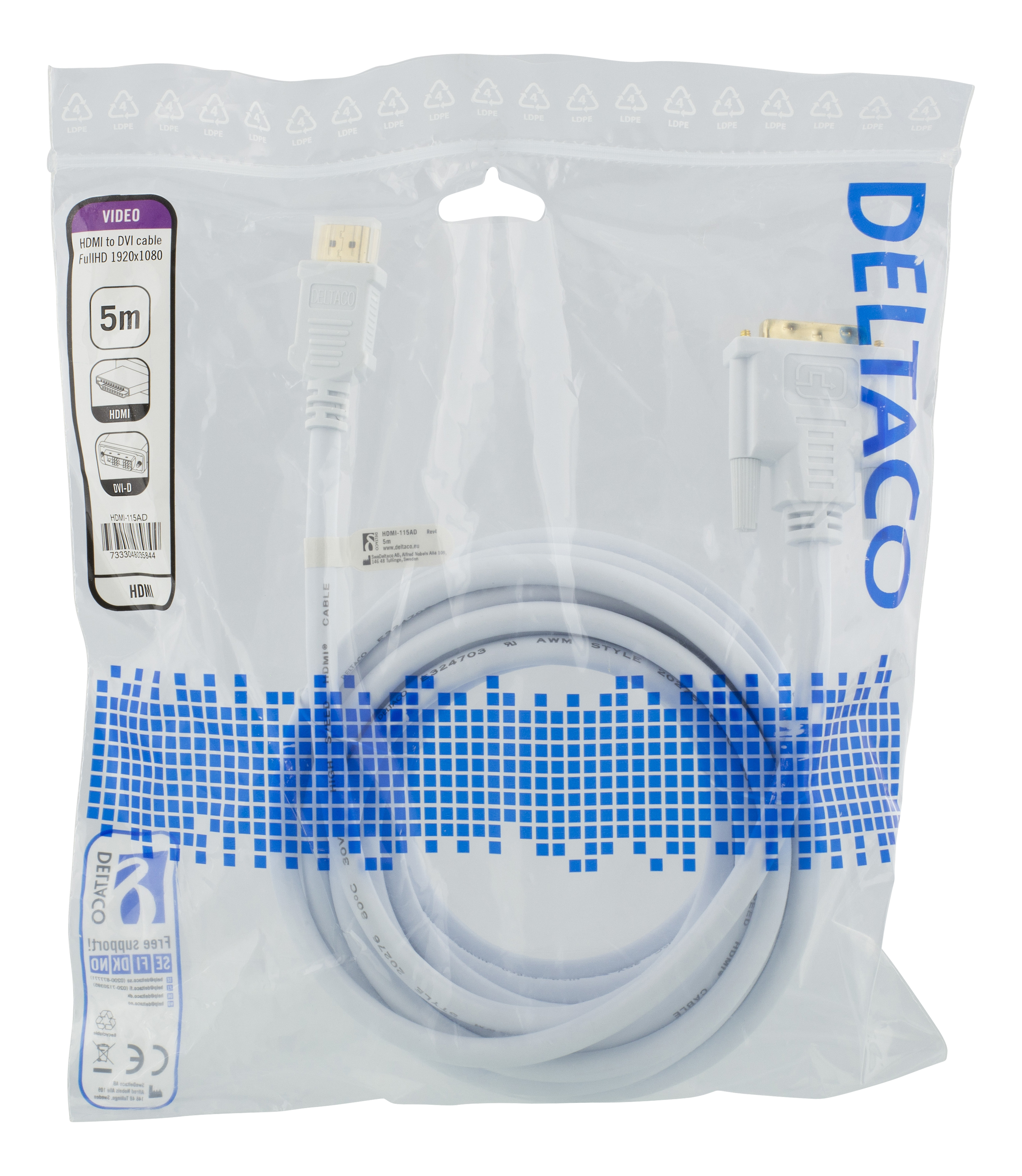Deltaco HDMI till DVI-kabel, 5m, vit - 2