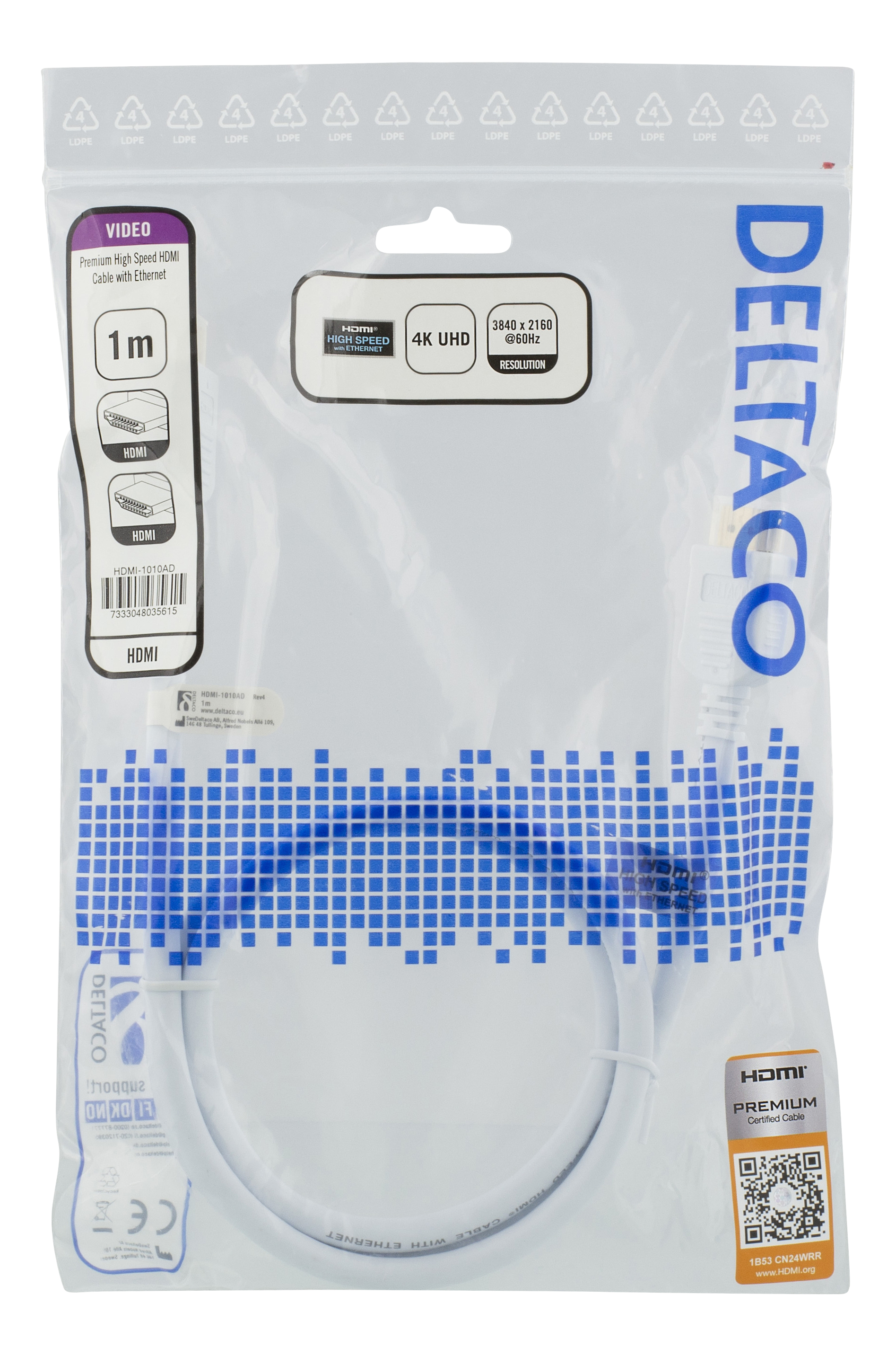 Deltaco Premium HDMI-kabel, 1m, 4K, 3D, vit - 2
