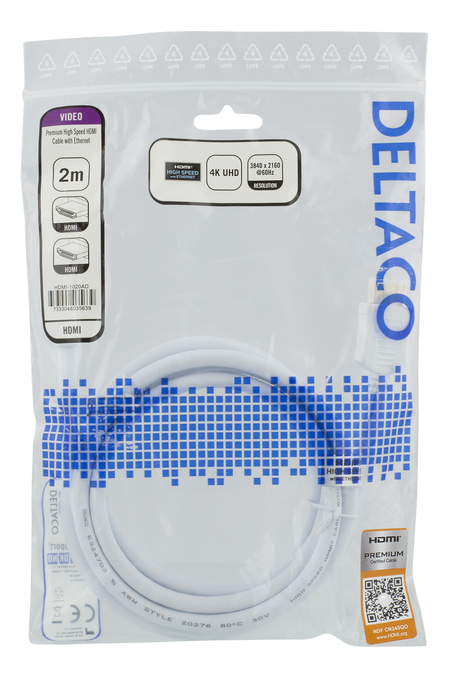 Deltaco Premium HDMI-kabel, 2m, 4K, 3D, vit - 2