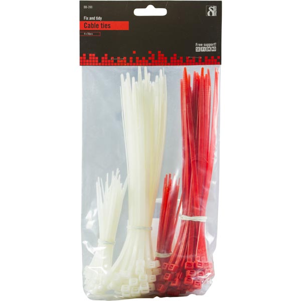 Deltaco buntband, 100mm & 200mm, 200-pack, röd/vit - 2
