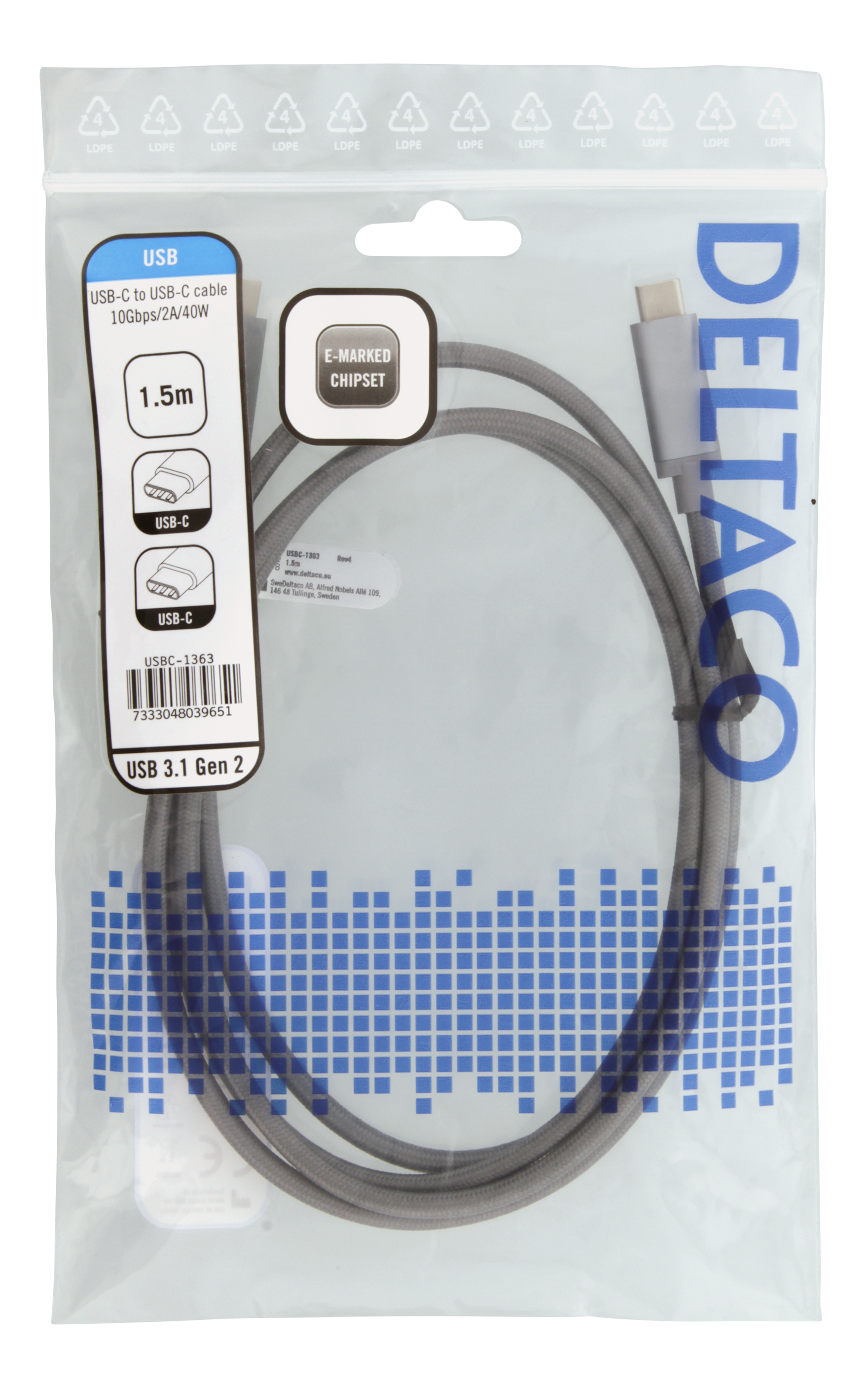Deltaco USB-C till USB-C-kabel, 1,5m, 40W USB PD, 10 Gbps, grå - 2