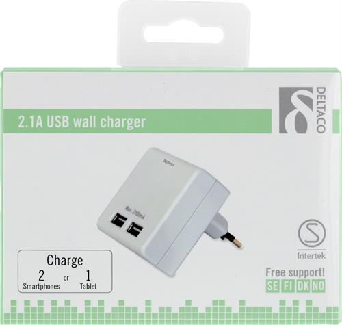 Deltaco Väggladdare, 230V till 5V USB, 2,1A, 2xUSB-portar, vit - 3