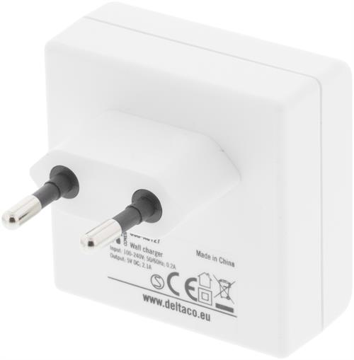 Deltaco Väggladdare, 230V till 5V USB, 2,1A, 2xUSB-portar, vit - 2
