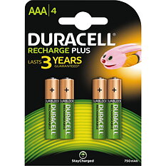 Duracell Recharge Plus, laddningsbara batterier, AAA, Ni-MH, 750mAh, 1,2V, 4-pack