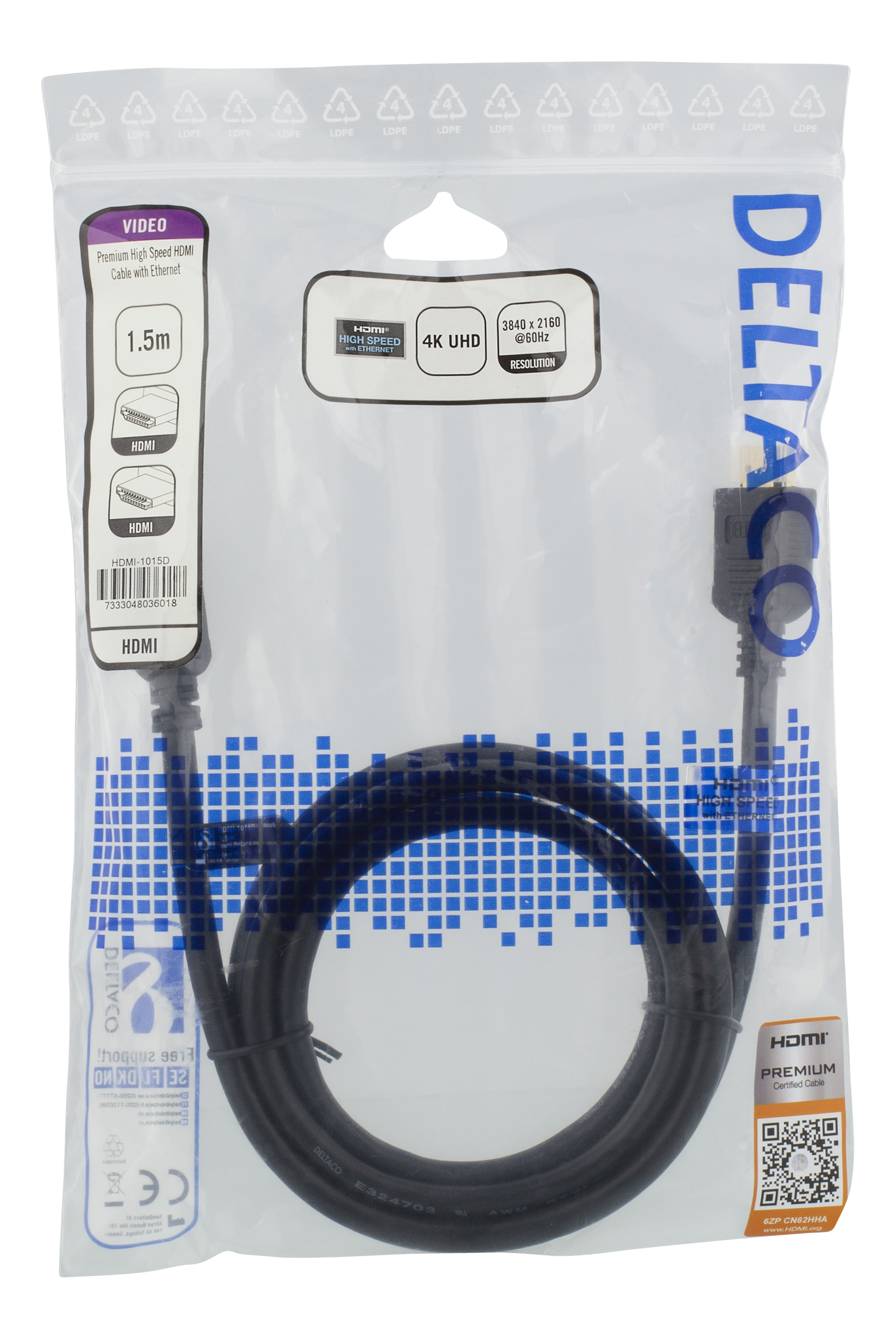 Deltaco HDMI-kabel, 1,5m, 4K UHD, svart - 2