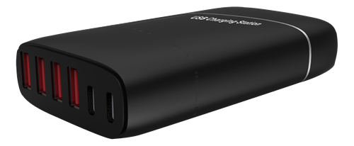 Winstar USB-laddningsstation, 100-240V till 5V USB, 12A, 2xUSB Typ C, 4xUSB Typ A-portar, 60W, svart