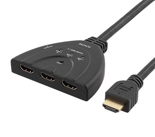 Deltaco HDMI-switch, tre ingångar till en utgång, 4K i 60Hz, 7.1 ljud, Ultra HD