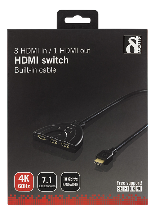 Deltaco HDMI-switch, tre ingångar till en utgång, 4K i 60Hz, 7.1 ljud, Ultra HD - 4