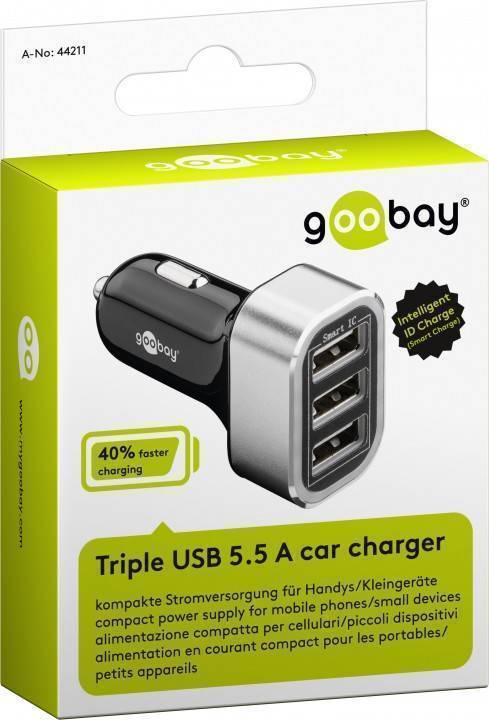 Goobay billaddare, 5.5 A, 3xUSB, svart/silver - 3