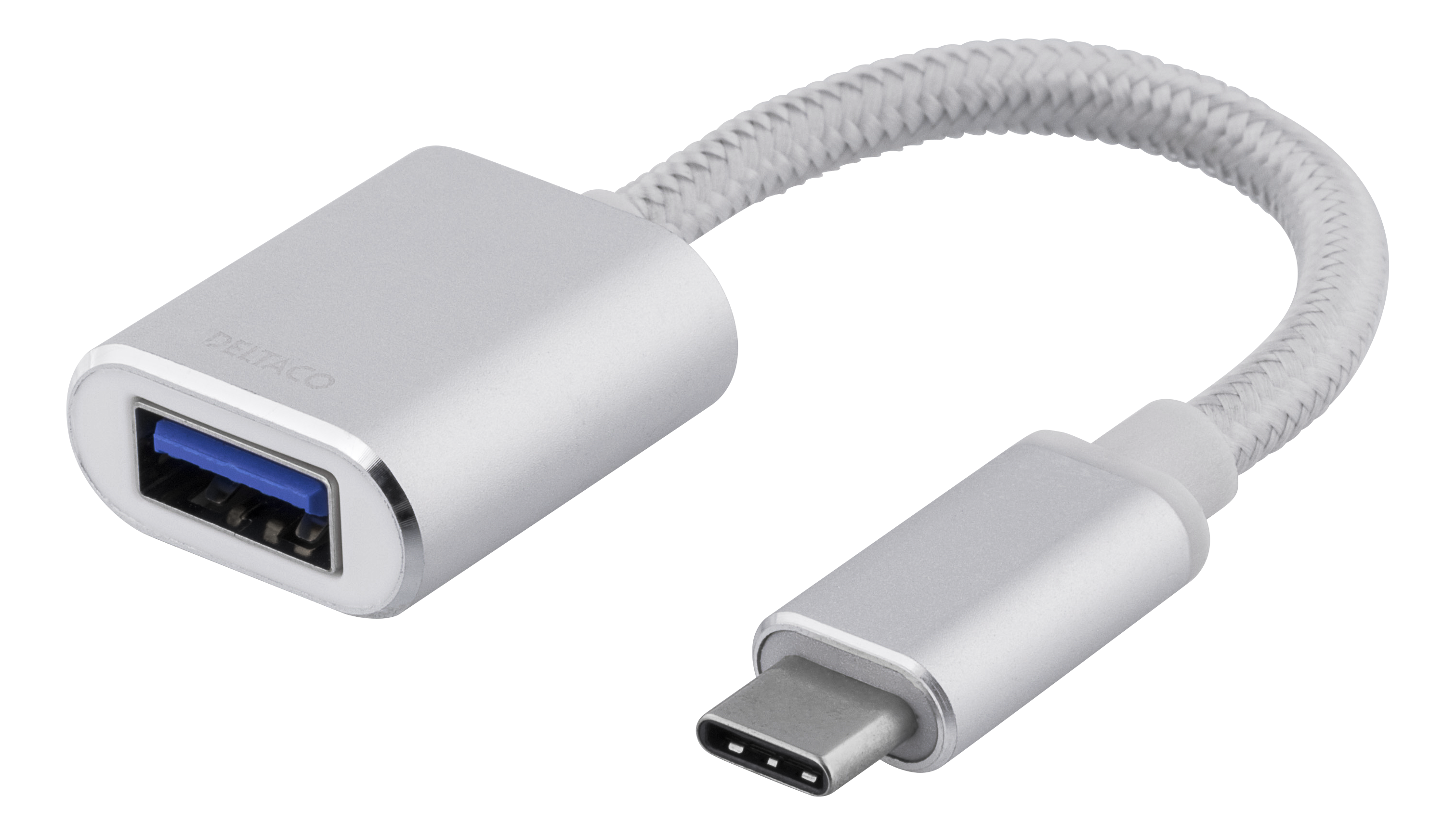 Deltaco USB-C 3.1 Gen 1 till USB-A OTG adapter, 3A, aluminium,  0,1m kabel, silver