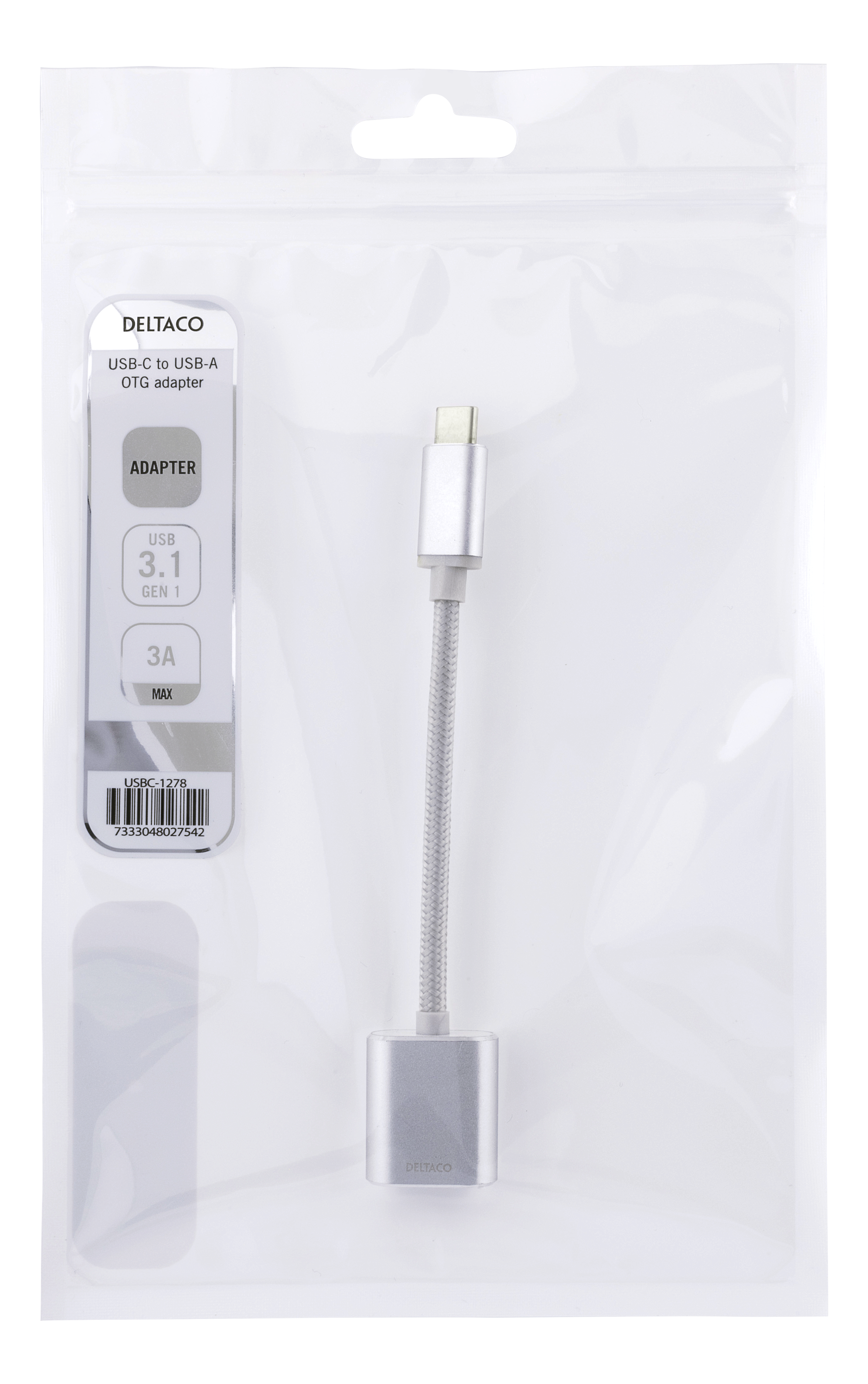 Deltaco USB-C 3.1 Gen 1 till USB-A OTG adapter, 3A, aluminium,  0,1m kabel, silver - 2
