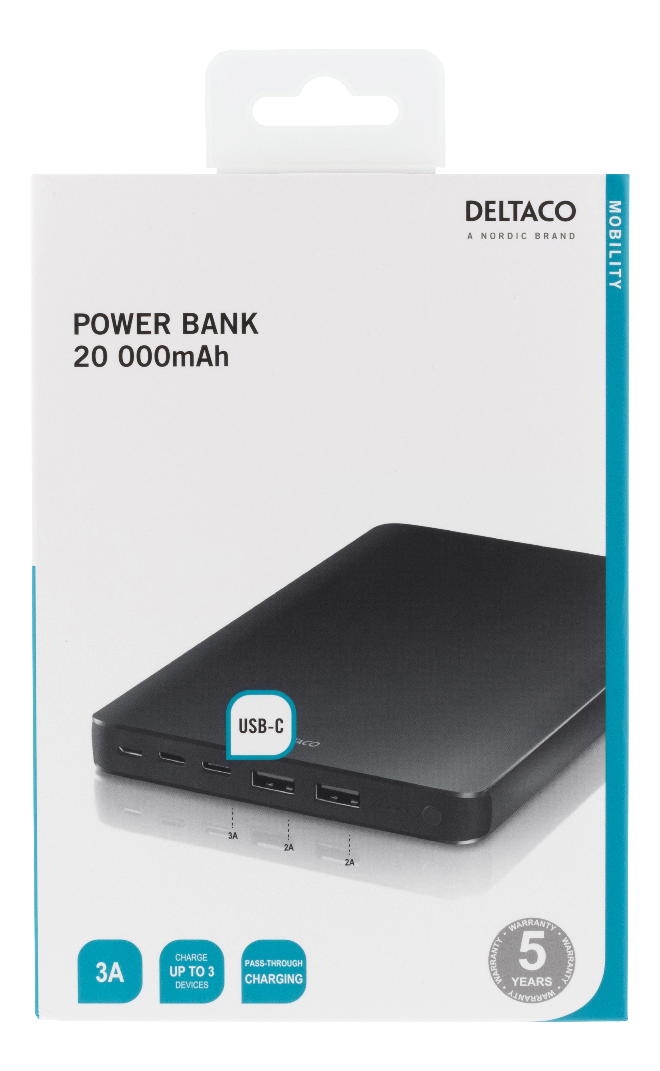 Deltaco 20 000 mAh Power Bank, 74Wh, Li-Po, aluminium, USB-C, Lightning, svart - 3