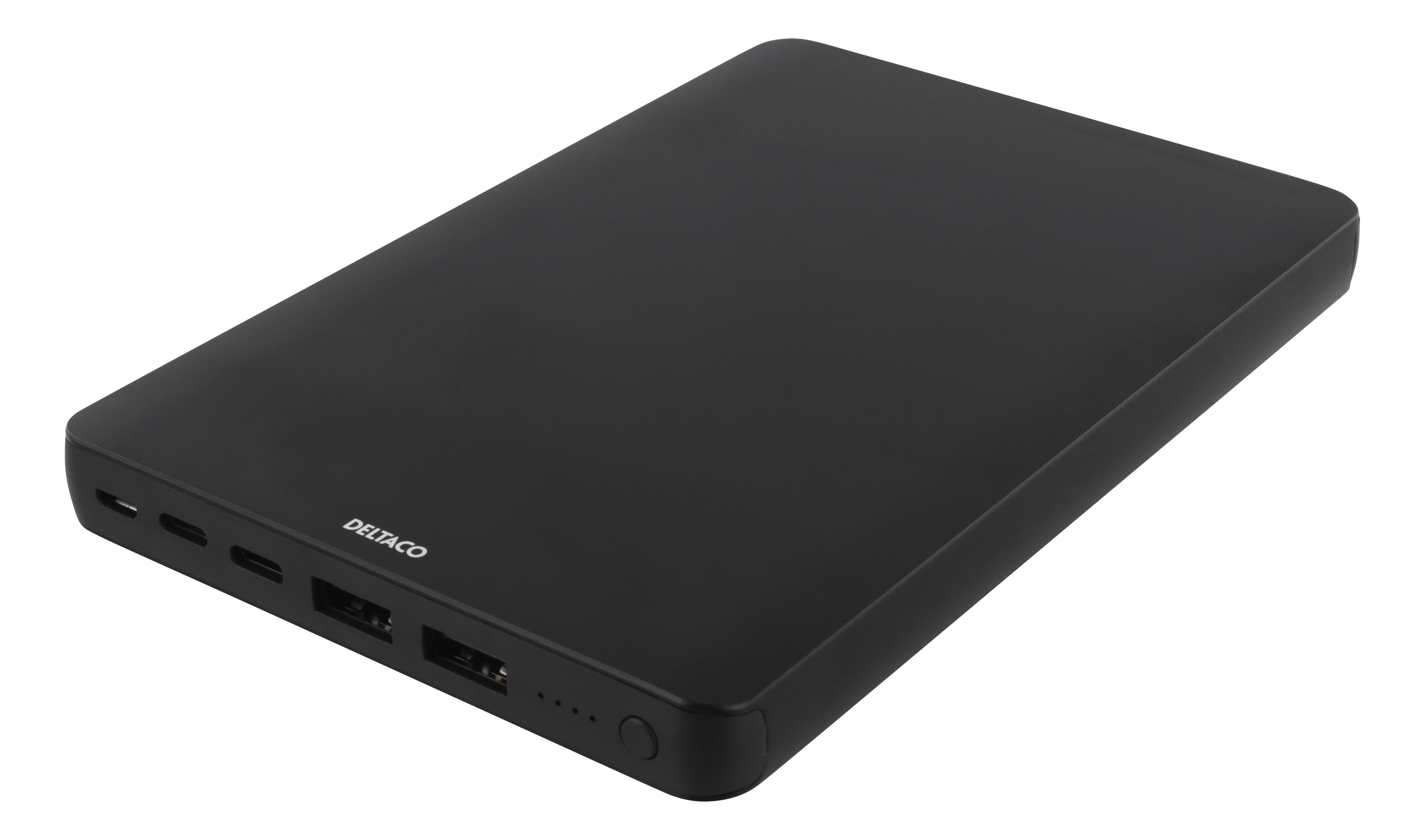 Deltaco 20 000 mAh Power Bank, 74Wh, Li-Po, aluminium, USB-C, Lightning, svart