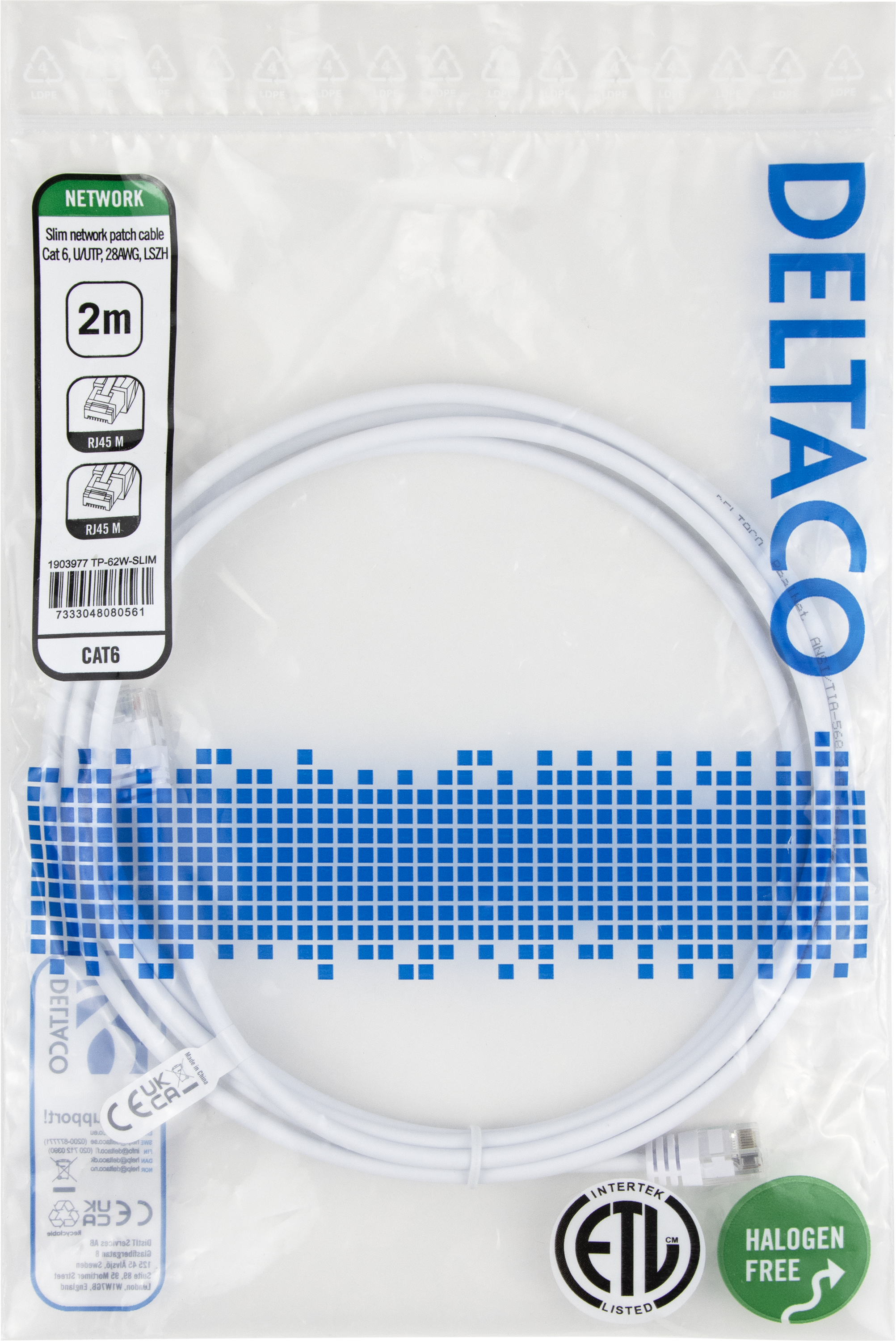 Deltaco U/UTP Cat6 slim patchkabel, 2 m, vit, LSZH - 2