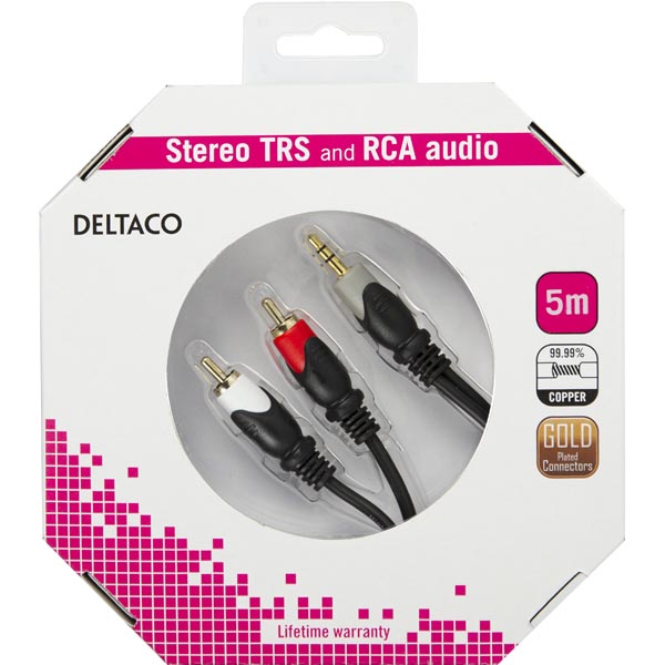 Deltaco Ljudkabel, 3,5mm ha - 2xRCA ha guldpläterade kontakter, 5m - 3