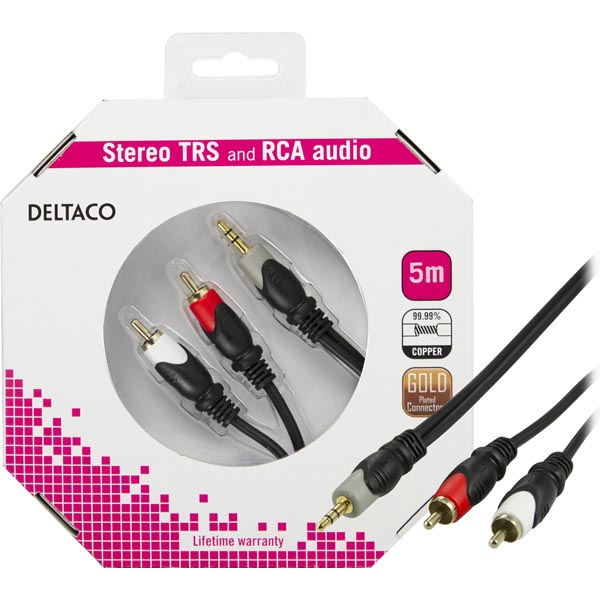 Deltaco Ljudkabel, 3,5mm ha - 2xRCA ha guldpläterade kontakter, 5m