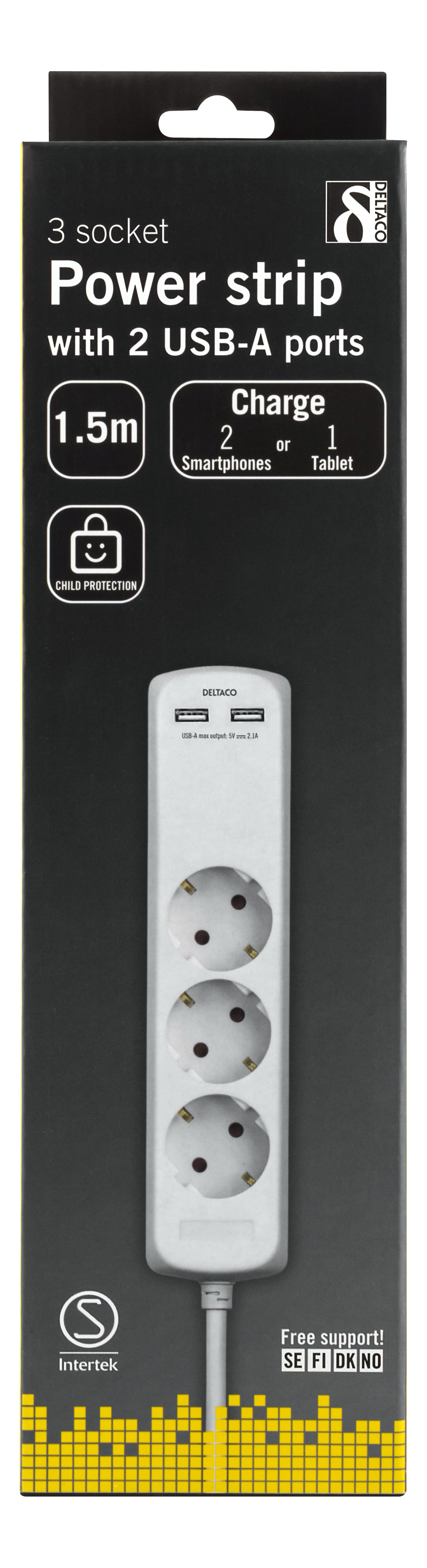 Deltaco Grenuttag med 3 uttag, 2 USB, 1,5m kabel, vit - 3