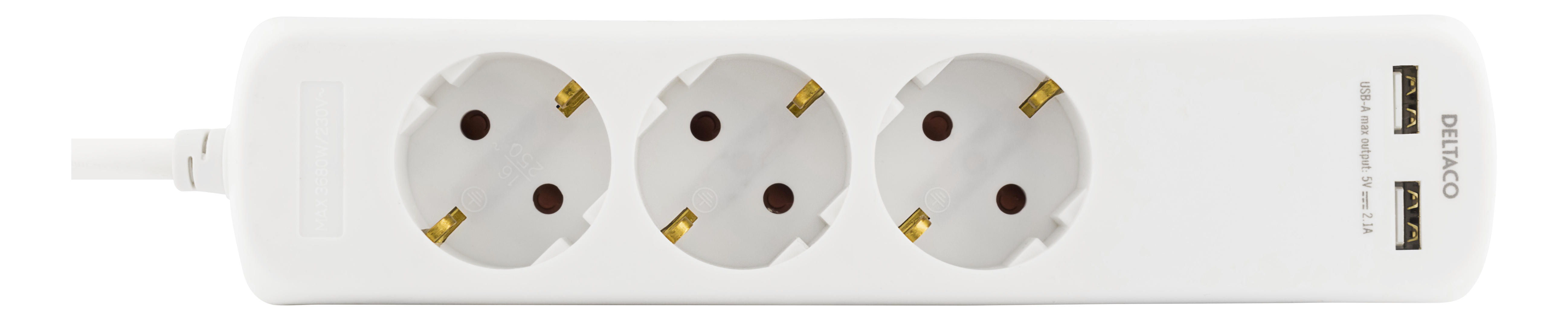 Deltaco Grenuttag med 3 uttag, 2 USB, 1,5m kabel, vit