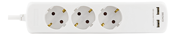 Deltaco Grenuttag med 3 uttag, 2 USB, 1,5m kabel, vit